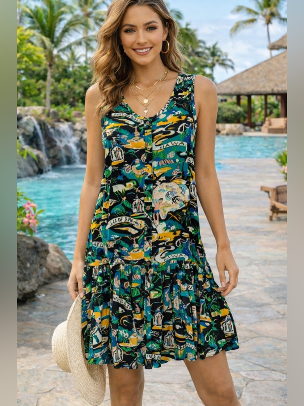 Pineapple Moon Hawaiian Dress Small Aloha Hula Print Tropical Sundress